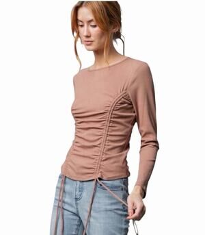Easel Dusty Pink Ribbed Knit Ruched Drawstring Long Sleeve Top Small NWT